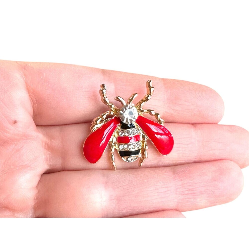 Vintage Insect bee brooch red black gold tone with rhinestone eyes enamel wings